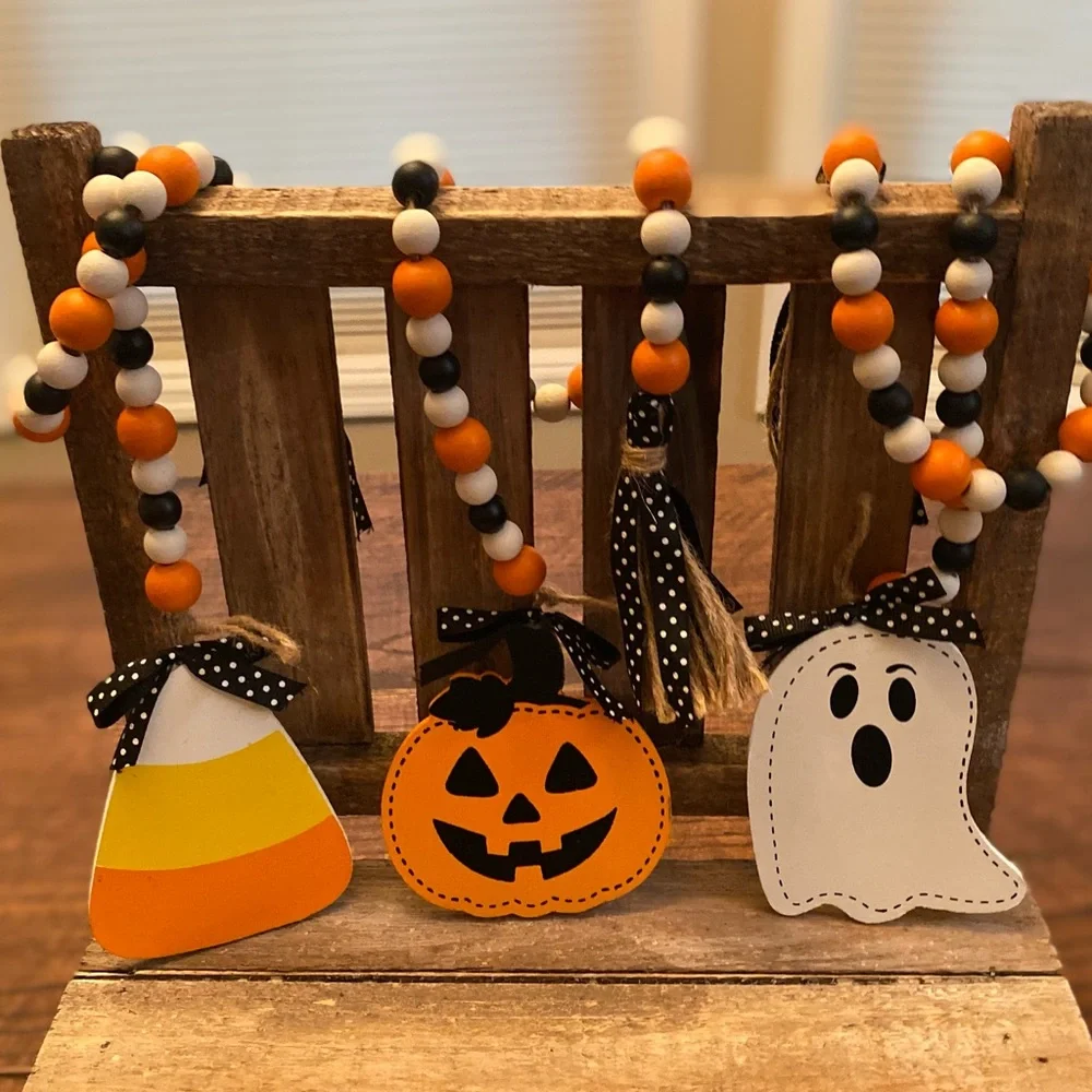 Halloween Beaded Garland Set Of 3, Candy Corn, Ghost & Jack-O-Lantern Garland